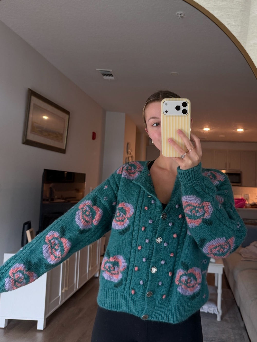 Vintage Allen Solly Teal Floral Knit Cardigan Sweater - Picture 8 of 8